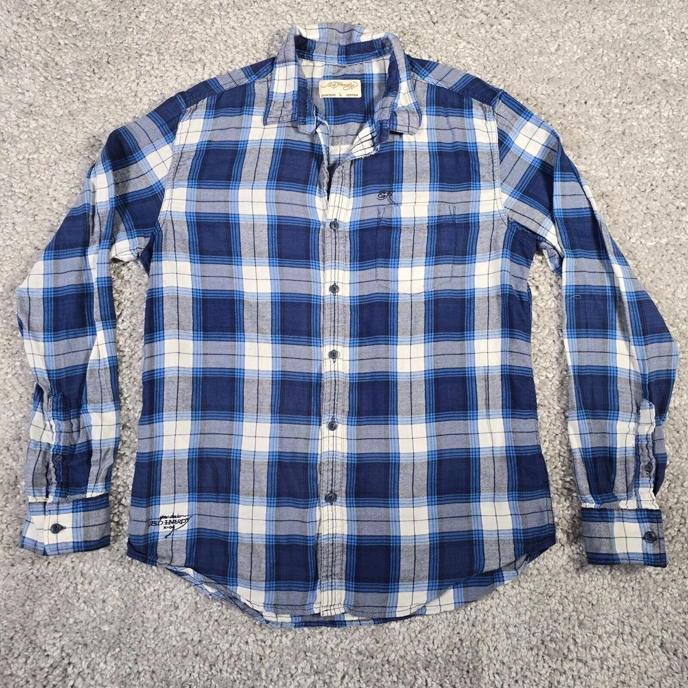 Ed Hardy Mens Plaid Button Up Shirt Blue Long Sleeve Size L Casual Streetwear